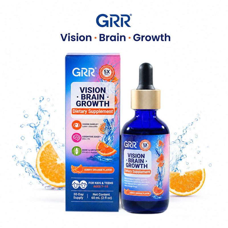 GRR Kids Vision Brain Growth Drops | Eye, Focus & Healthy Growth Support | Lutein, Zeaxanthin, Astaxanthin, DHA, PS, Vitamin D3 & K2 | Orange Flavor | 60mL