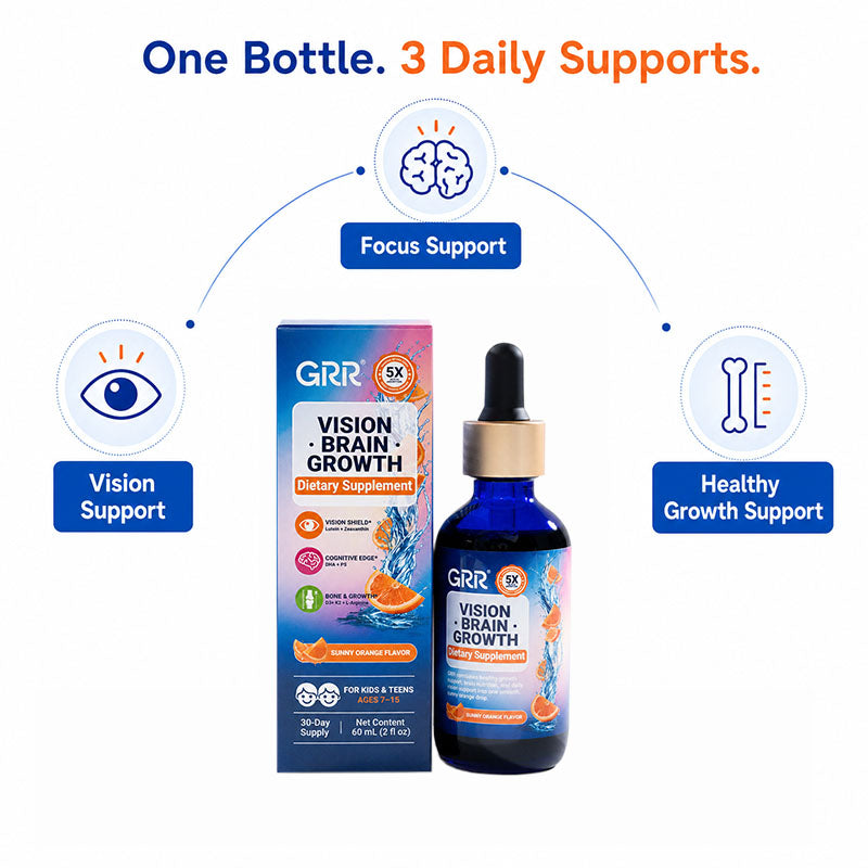GRR Kids Vision Brain Growth Drops | Eye, Focus & Healthy Growth Support | Lutein, Zeaxanthin, Astaxanthin, DHA, PS, Vitamin D3 & K2 | Orange Flavor | 60mL