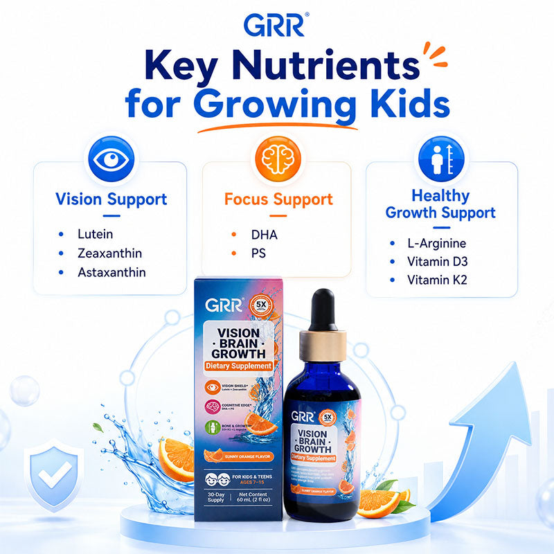 GRR Kids Vision Brain Growth Drops | Eye, Focus & Healthy Growth Support | Lutein, Zeaxanthin, Astaxanthin, DHA, PS, Vitamin D3 & K2 | Orange Flavor | 60mL