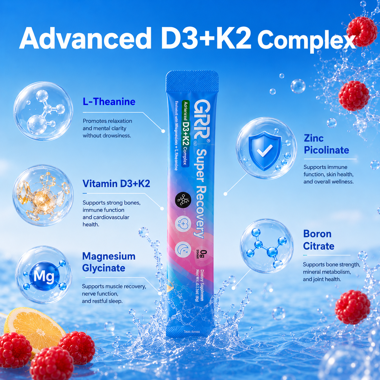 GRR Super Recovery Advanced D3+K2 Complex with Magnesium Glycinate & L-Theanine Supports Bone Immune & Daily Wellness